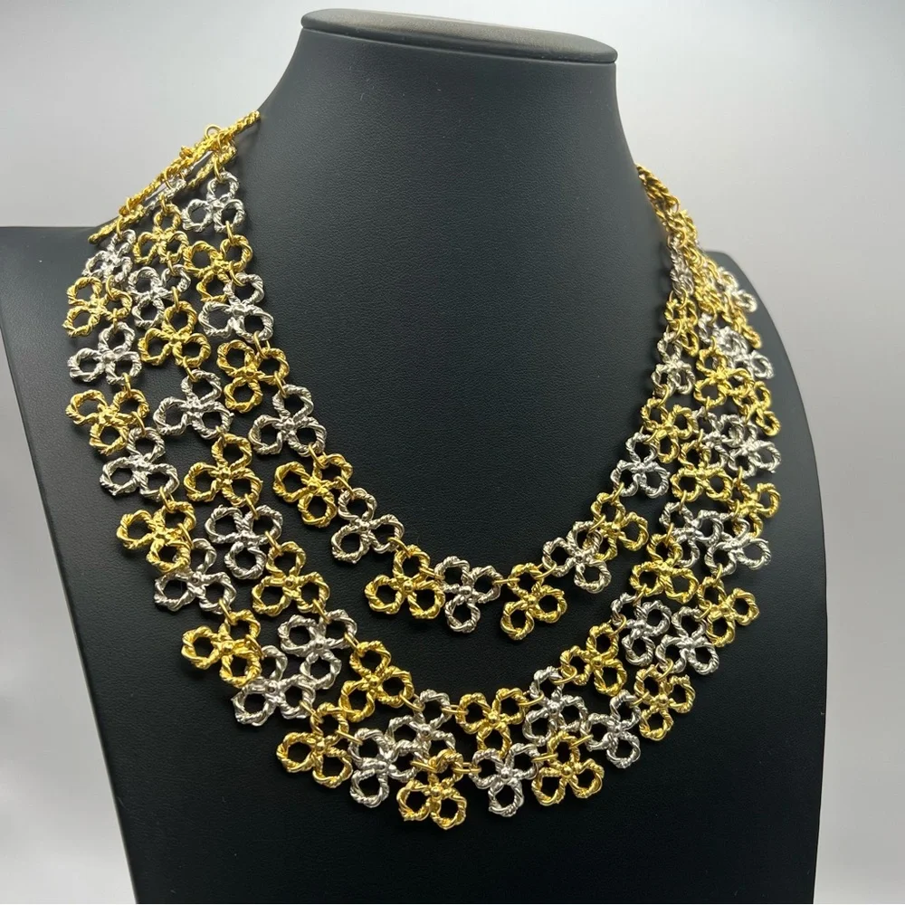 Vintage Silver and Gold Tone Three Strand Necklace Filagree Clover Pattern